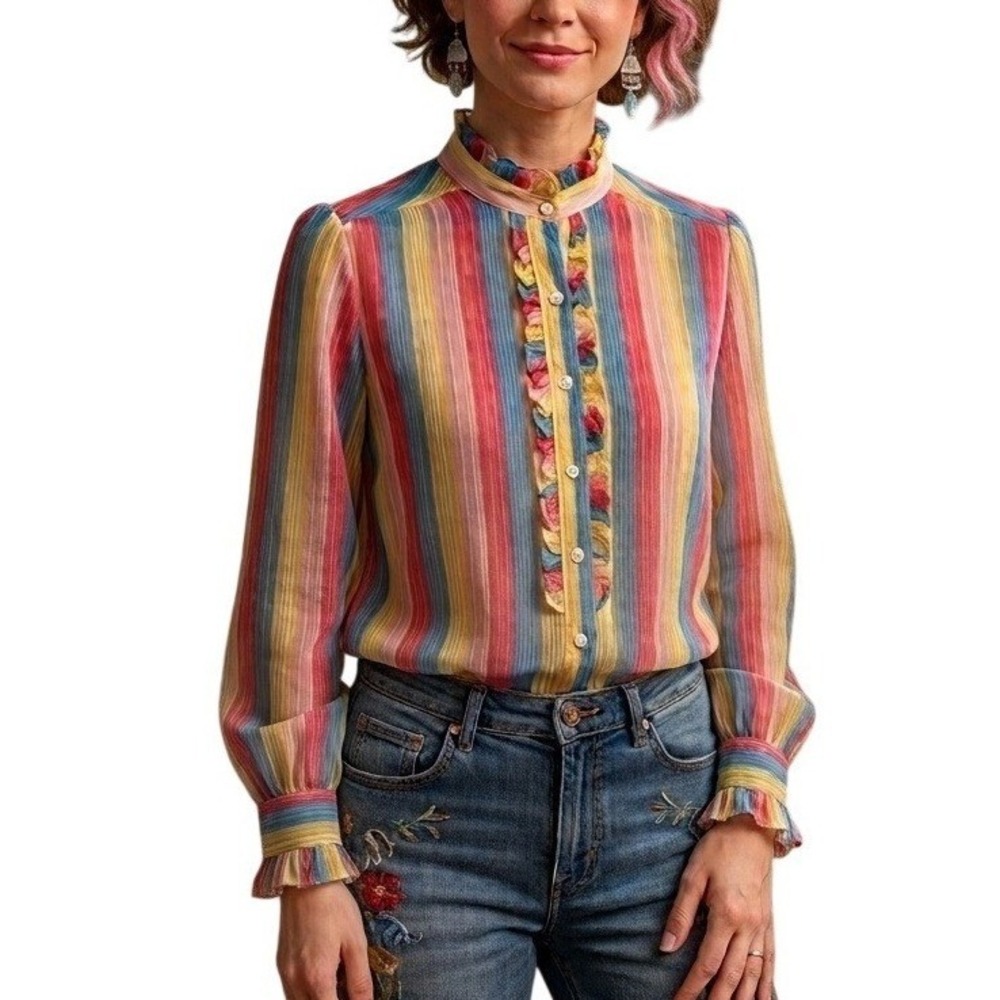 Vintage Rainbow Striped Blouse Ruffle Sheer 70s Retro Eclectic Grandma Work 6